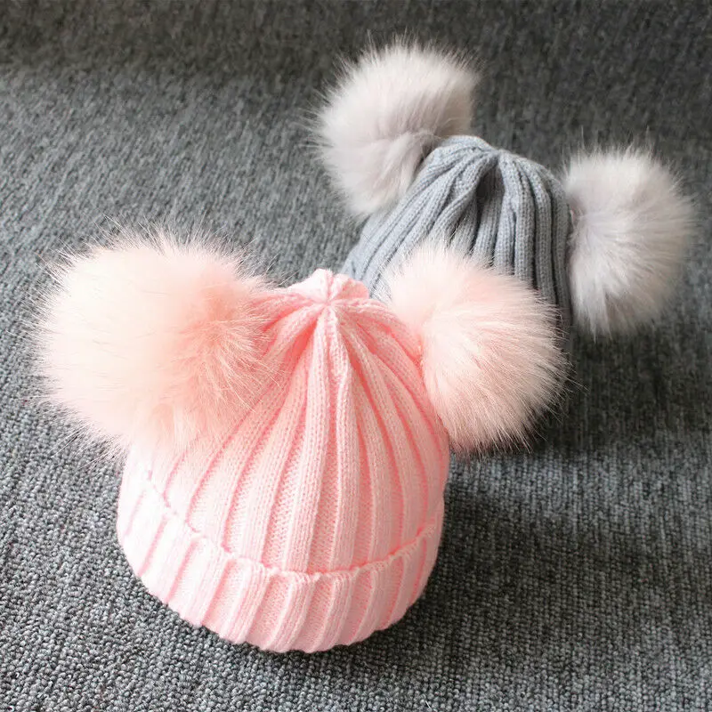 Newborn Baby Kids Girls Boys Winter Warm Knit Hat Furry Balls Pompom Solid Cute Lovely Beanie Cap Kids Fur Pom Hat Best Gifts