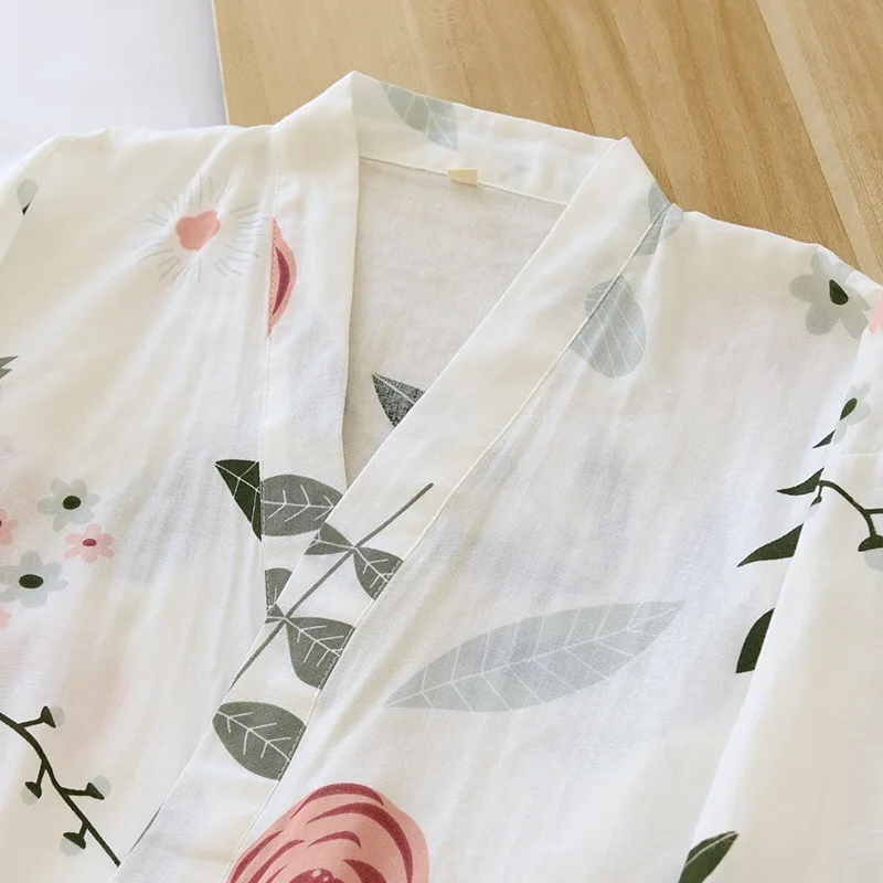 Rose Printed Ladies Kimono Style Pajamas Set Loose Thin V-Neck Three-Quarter Sleeves Gauze Cotton 2Pcs Sleepwear Loose Homewear