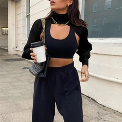 Women Lantern Long Sleeve Sweater Sexy Hollow Out Turtleneck Solid Color Crop Top Ribbed Knit Loose Shrug Cover Up