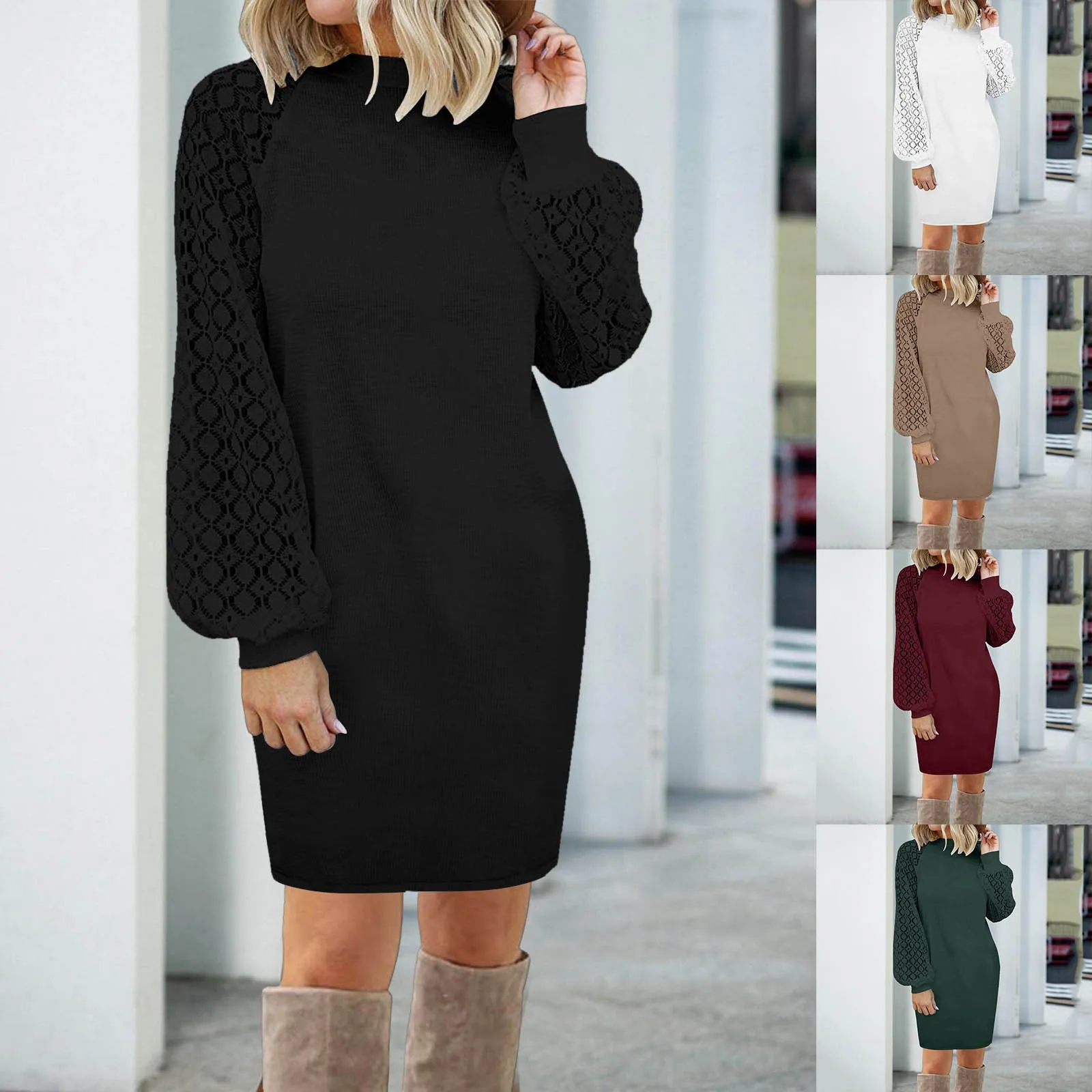 Knitted Sweater Dress Women Lace Stitching Long Sleeve Loose Dress Autumn Winter Warm Basic Pullovers Knitwear Dress Vestidos