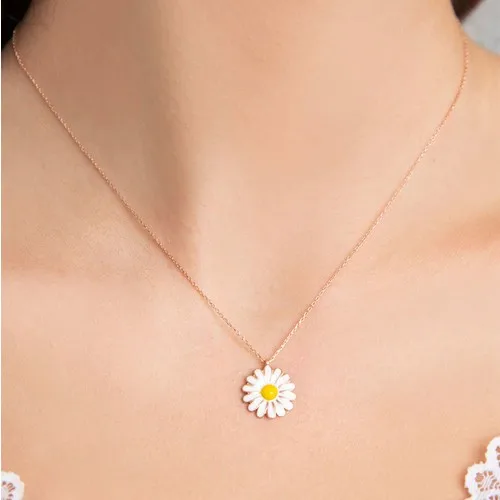 925 Sterling Silver Necklace with Enamel Daisy Necklace 43+ 5 Cm chaın Length Necklace Collar de Margaritas de Plata Esmaltada