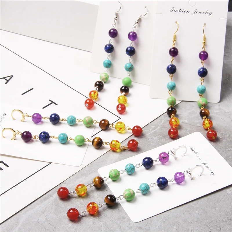 Rainbow Round Natural Stone Earrings 7 Chakra Earrings Women Long Fringed Statement Beads Earring Reiki Healing Jewelry Gifts