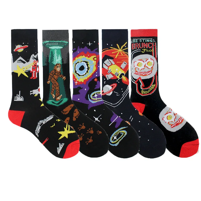 Fashion Happy Funny Unisex Painting UFO Astronaut Space Rocket Men Crew Socks Streetwear Cotton Causal Male Boys Skateboard Sox