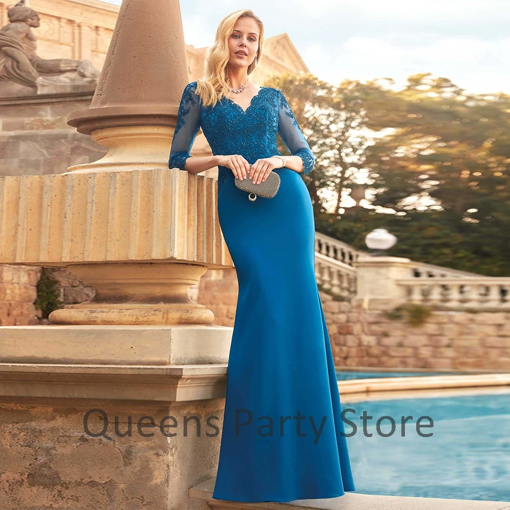 Vestido azul pavo real para madre de la novia, cuello en V, mangas 3/4, apliques de cuentas, vestidos de novia para madre de sirena