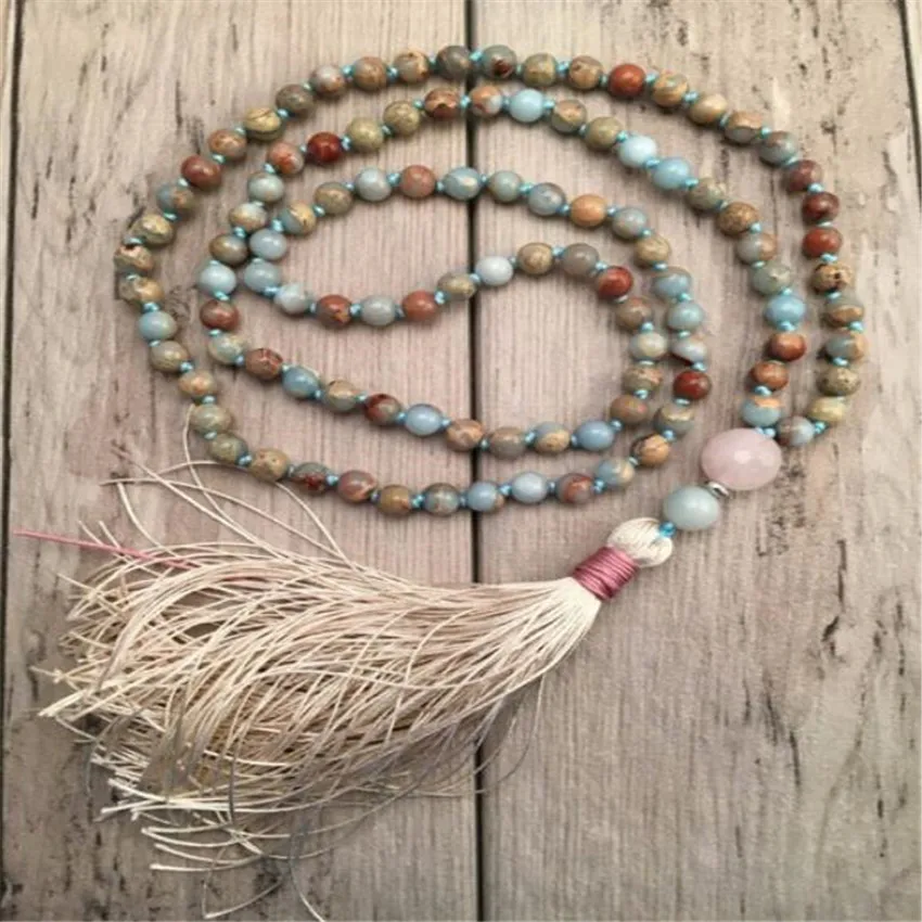 

6mm Flower Jasper Gemstone 108 Beads Tassel Mala Necklace Buddhism cuff Chakra pray chain Lucky Meditation spirituality energy