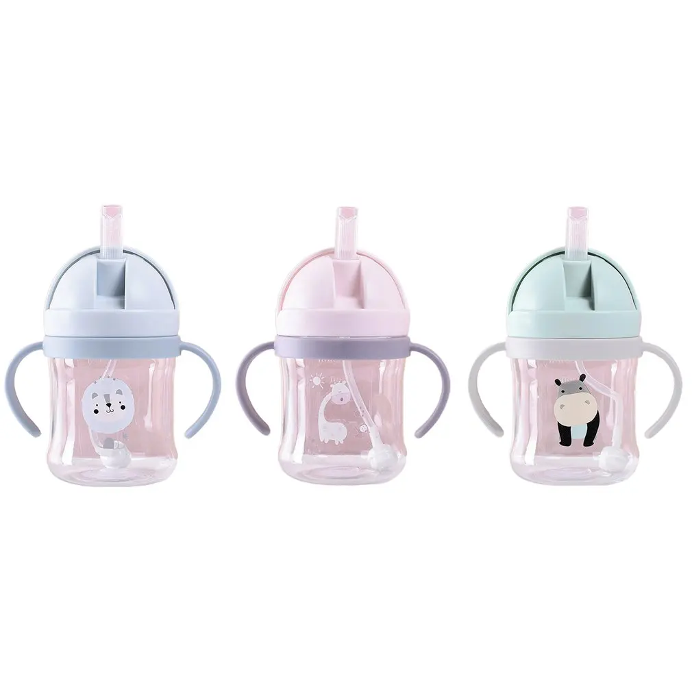 Infant Bottle Children Cartoon Animal Drinking Water Bottle Sippy Cup With Silicone Straw 300ml Double Handle Drinking Cup