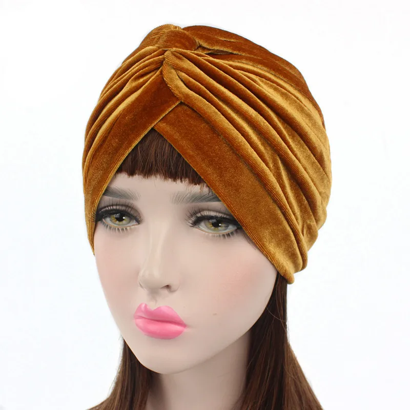 Grade Quality Pleated Stretch Ruffle Women\'s Velvet Skullies Beanies Twist Knoted Turban Chemo Sleep Hats Wrap Hair Cover Bonnet