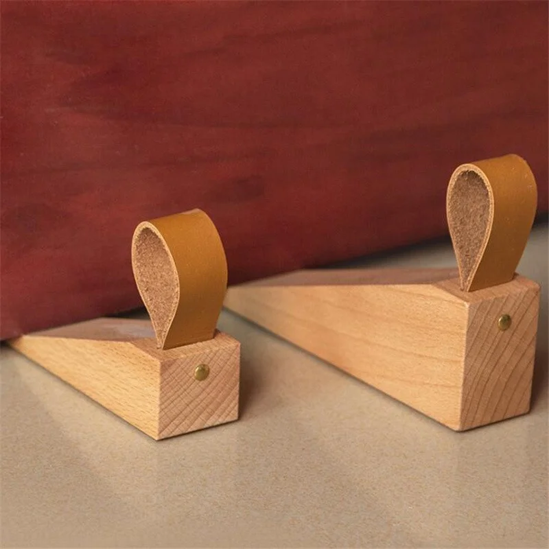 Nordic Solid Wood Heightening Door Stop Door Stopper Wooden Anti-collision Leather Pull Tab  Door Stops