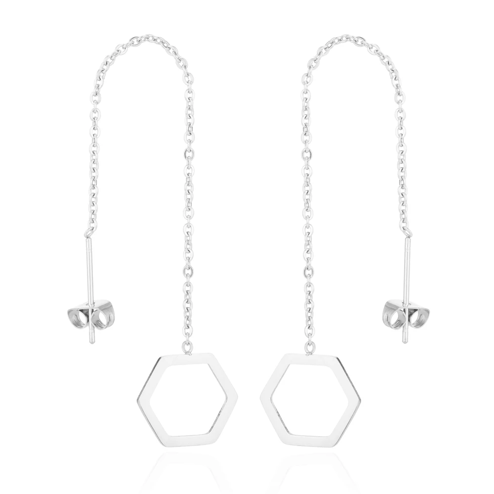 Simple Hexagon Earrings Long Line Thread Piercing Earrings For Teens Girl Geometrical Accessories Mujer Stainless Steel Jewelry