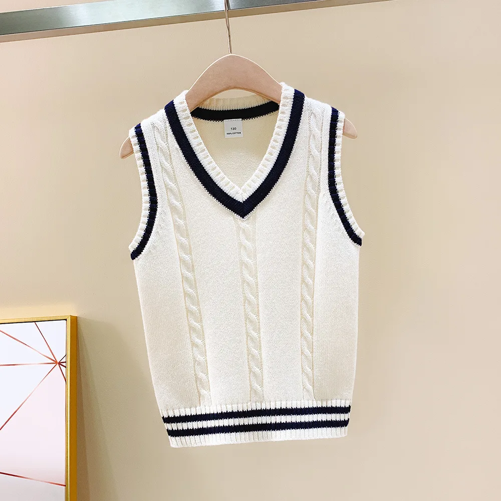 Children Vests 2024 Spring/Autumn Winter Kids Knitted Pure Cotton Pullover V-Neck Outerwear For School Boys Girls Waistcoat