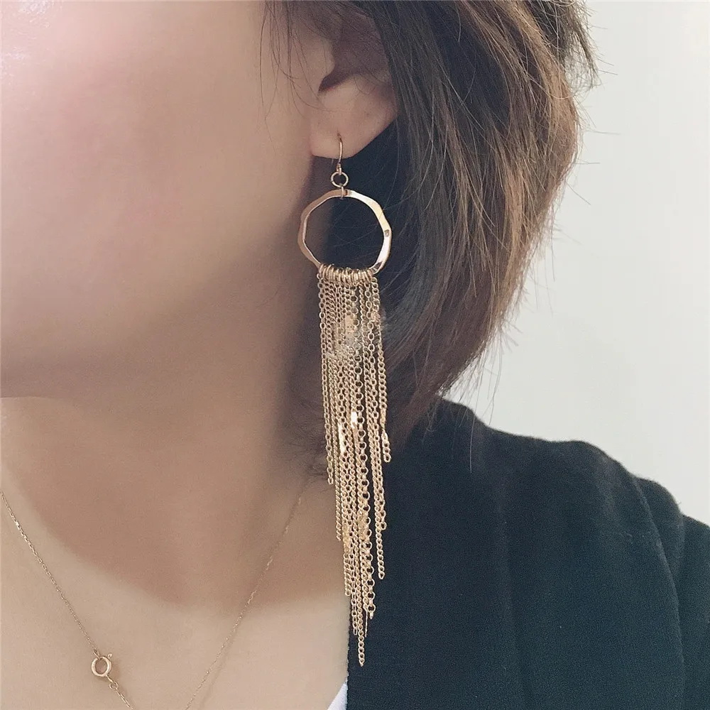 Feminist Gold Color Plating Long Chain Tassel Drop Earrings For Women Casual Chunky Modern Elegant Gorgeous Jewelry Accessory