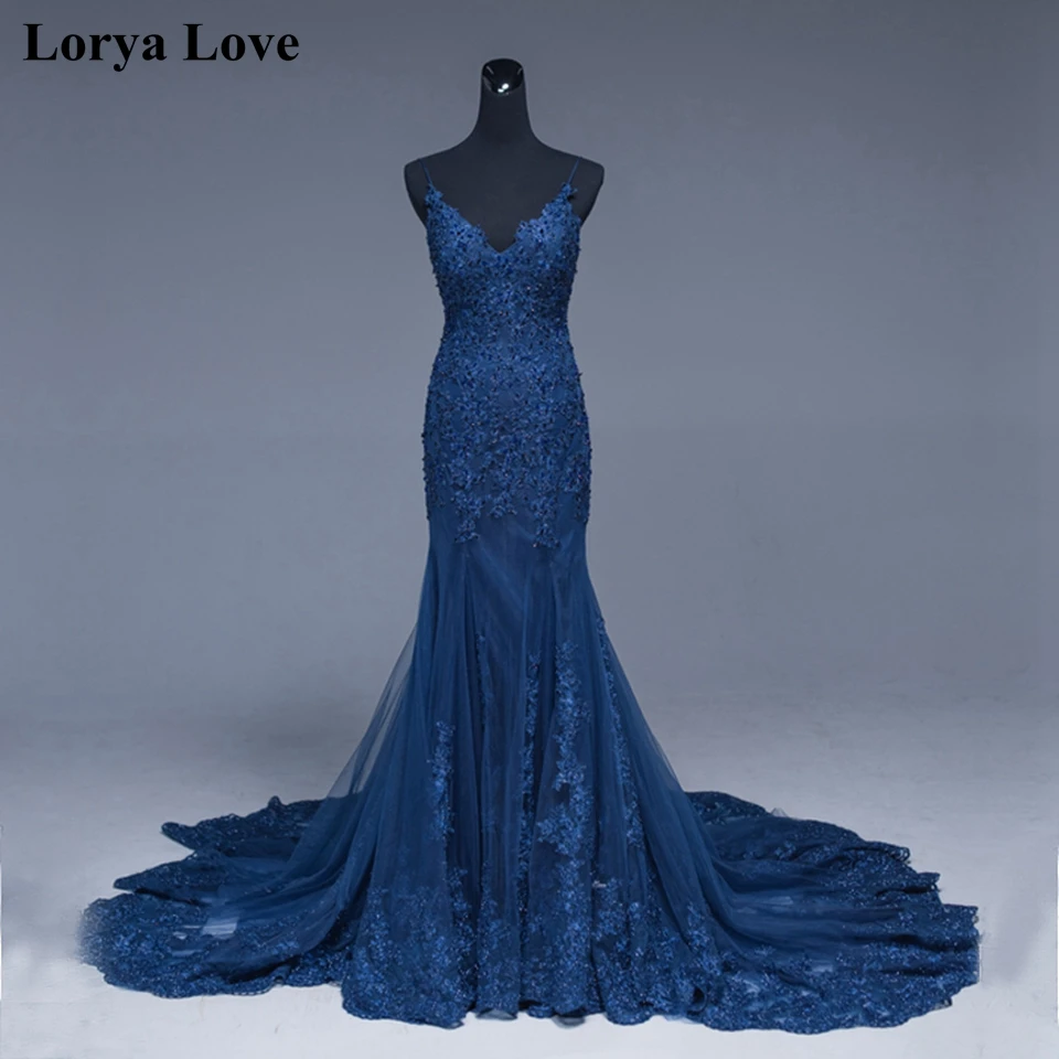 Navy Blue Elegant Formal Party Night Evening Dresses 2020 New Tulle Beading Lace Robe De Soiree Prom Gowns Women Sexy Long Gowns