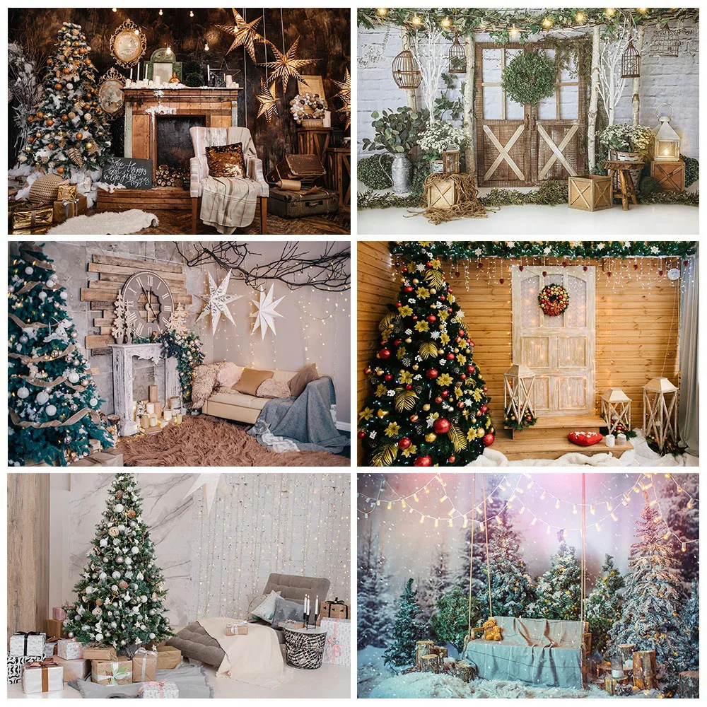 

Christmas Background for Photography Xmas Tree Fireplace Wood Door Child Birthday Gift Toys Baby Backdrop Photocall Photo Studio