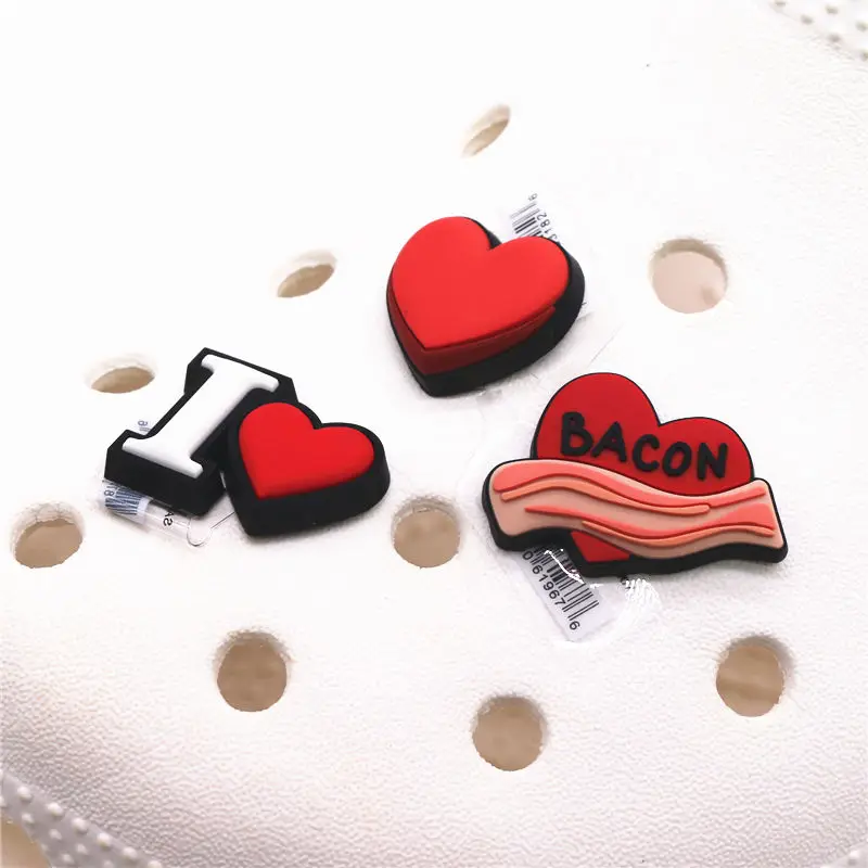 Drop shipping Heart-shaped Shoe Charms Accessories Red Heart Bacon PVC Sandals Buckle Decoration fit Bracelet Party Kids Gifts