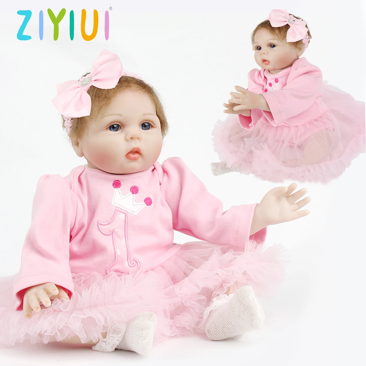 

ZIYIUI Realistic 55 Cm Silicone Reborn Baby Doll Girl Lifelike Hand Drawn Cute Big Eyes Round Face Doll Toys For Children