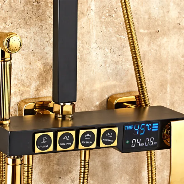 Digital Shower Set for Four Function Gold Thermostatic Shower System Rainfall Shower Head Copper Bath Faucet Digital Shower Sets