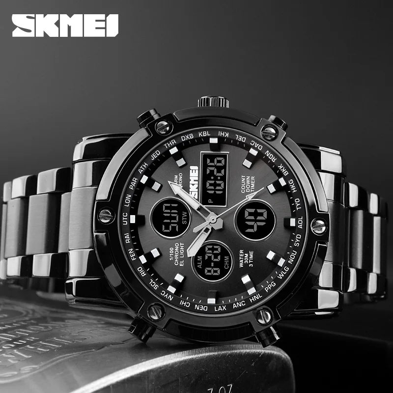 SKMEI-Relógio de pulso masculino, Pulseira Digital, 3 Time Countdown, Relógios de aço inoxidável, Relógios Masculinos, Moda