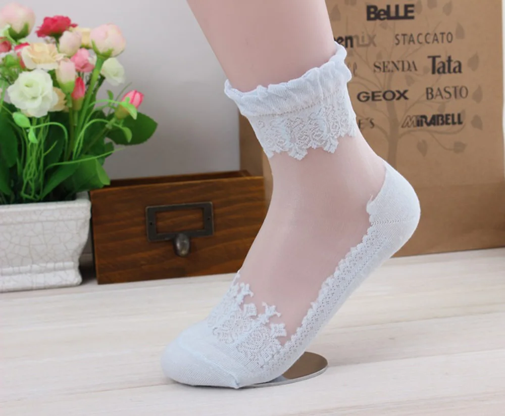 Womens 6 Pairs Ultrathin Transparent Black White Cotton Lace Elastic Short Socks C1S2