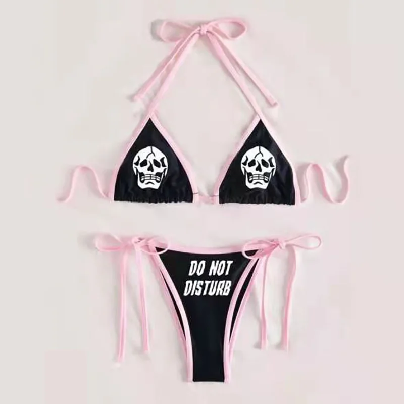 Punk Gothic Letters Print Bikinis Set Sexy Bikini 2023 Women Skull Pattern V-neck Swimwear Fashion Swimsuit Bathing Suit