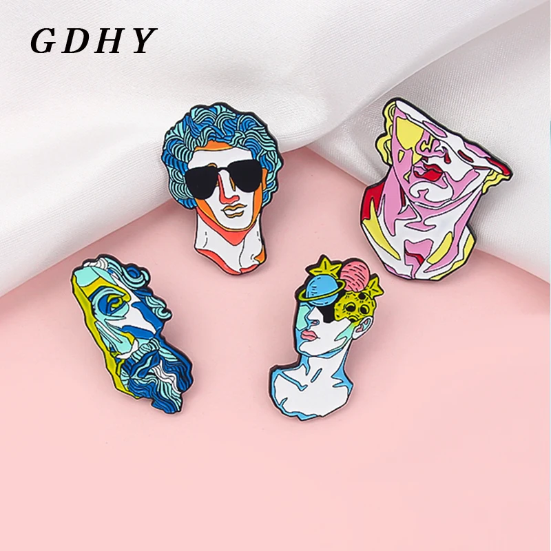 GDHY Blue Blue Art Statue Enamel Pin Human Art Blue hair Statue Universe Planet Brain Broken Statue Brooches  Badge Jewelry Gift