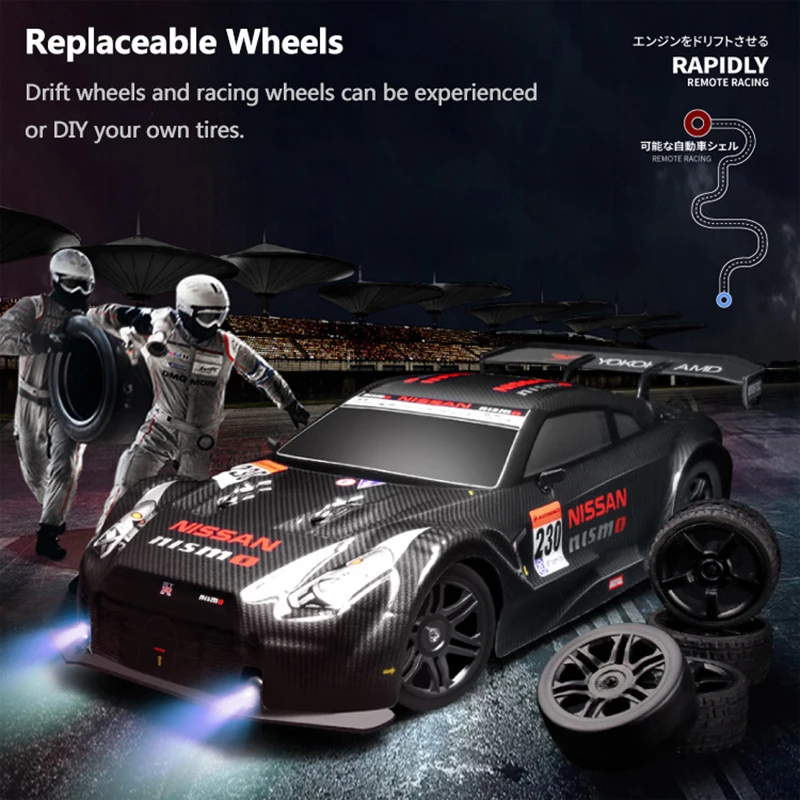 Symulacja 4WD Drifting RC Car 30KM/H Szybkie wyścigi Wymienne opony i skorupy Światło LED 20Mins Endure Elektryczna zabawka RC dla dzieci