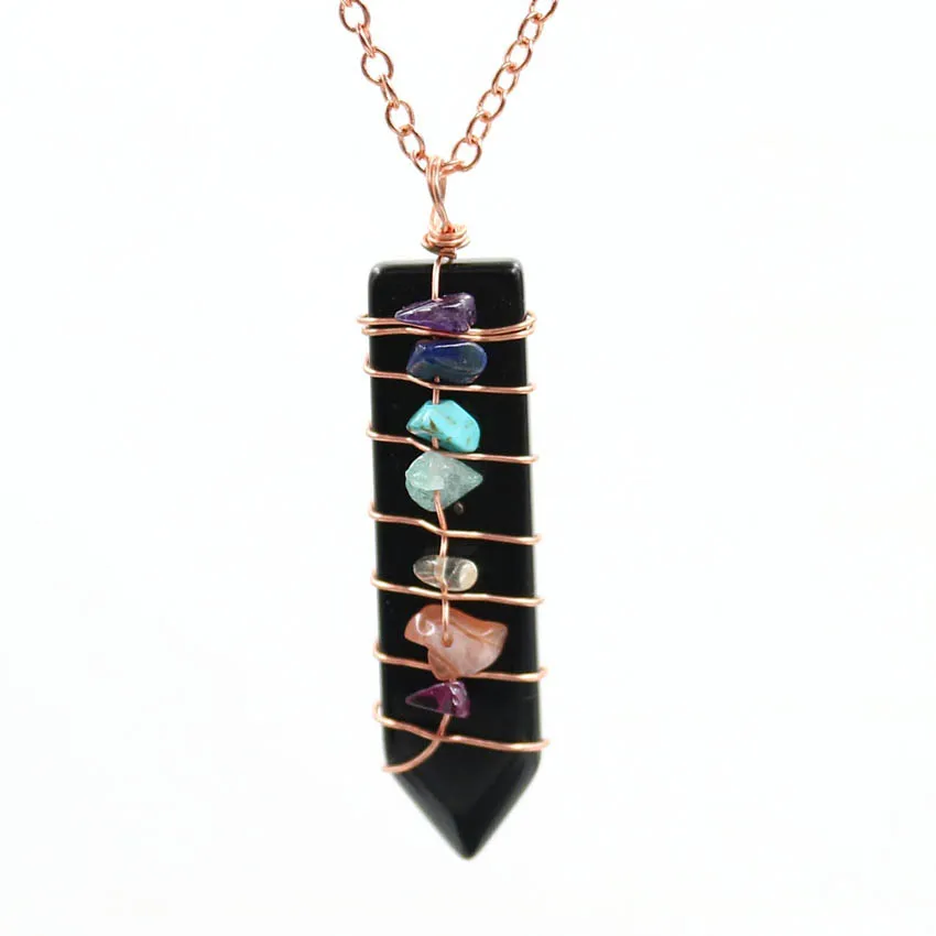 

FYJS Unique Rose Gold Color Wire Wrap Sword Shape Black Agates Pendant Healing Chakra Necklace Meditation Jewelry