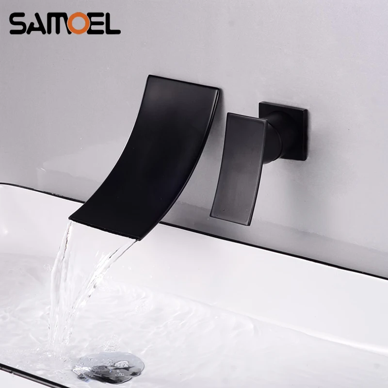 Hot Selling Wall-mounted Dual Hole Square Waterfall Bathroom Sink Faucet Matte Black Concealed Bath Tub Basin Water Mixer Tap