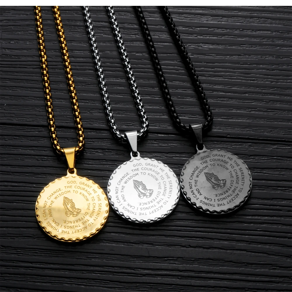 Men's Bible Verse Prayer Box Necklace Christian Jewelry Stainless Steel Praying Hands Coin Medal Pendant Necklaces