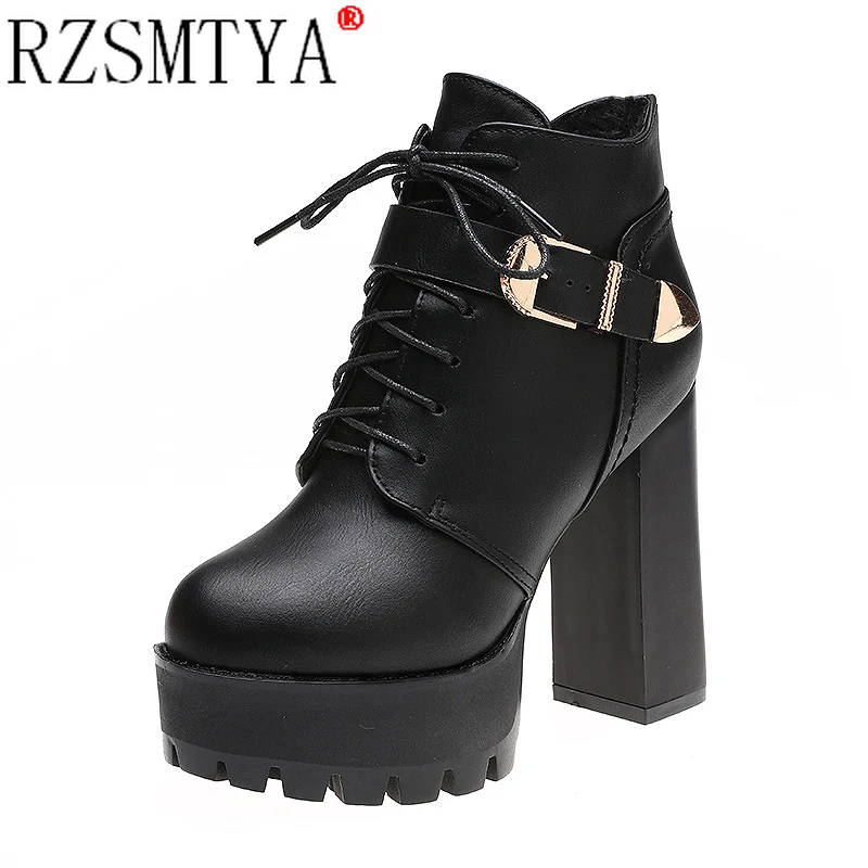 PU Leather Platform Ankle Strap Boots High Heels Women\'s Zip Spring Autumn Shoe Women Chaussures Femme Western Motorcycle Boots