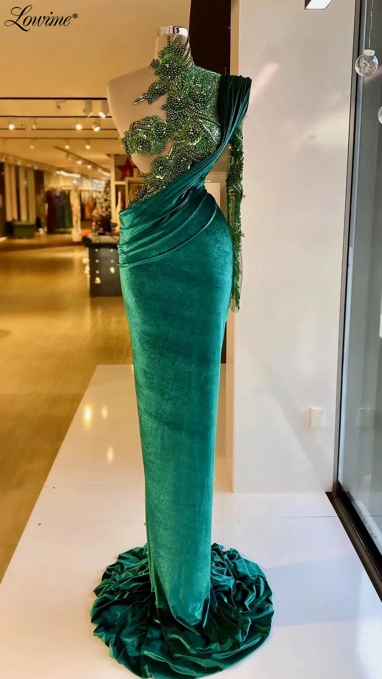 Lowime mais novo longo veludo verde sereia vestidos de noite frisado um ombro vestidos de baile celebridade festa de casamento robe de soiree