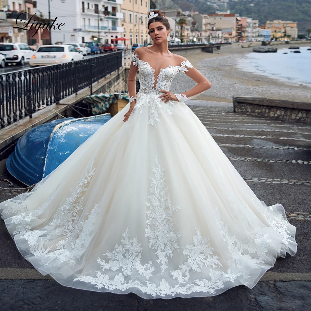 

Liyuke Ball Gown Wedding Dres Skin Full Sleeve Of s Scoop Neckline With Chapel Train Bridal Dress