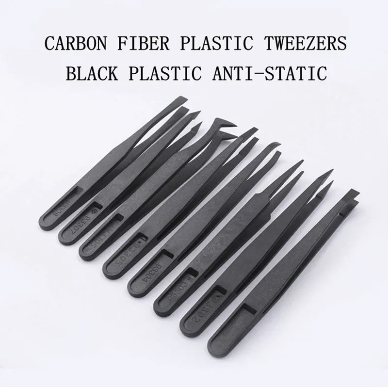 8 Styles Black Carbon Fiber Plastic Tweezers Nail Art Gel Pick Tools Beads Rhinestones Anti-static DIY Hand Clip Jewelry Tools