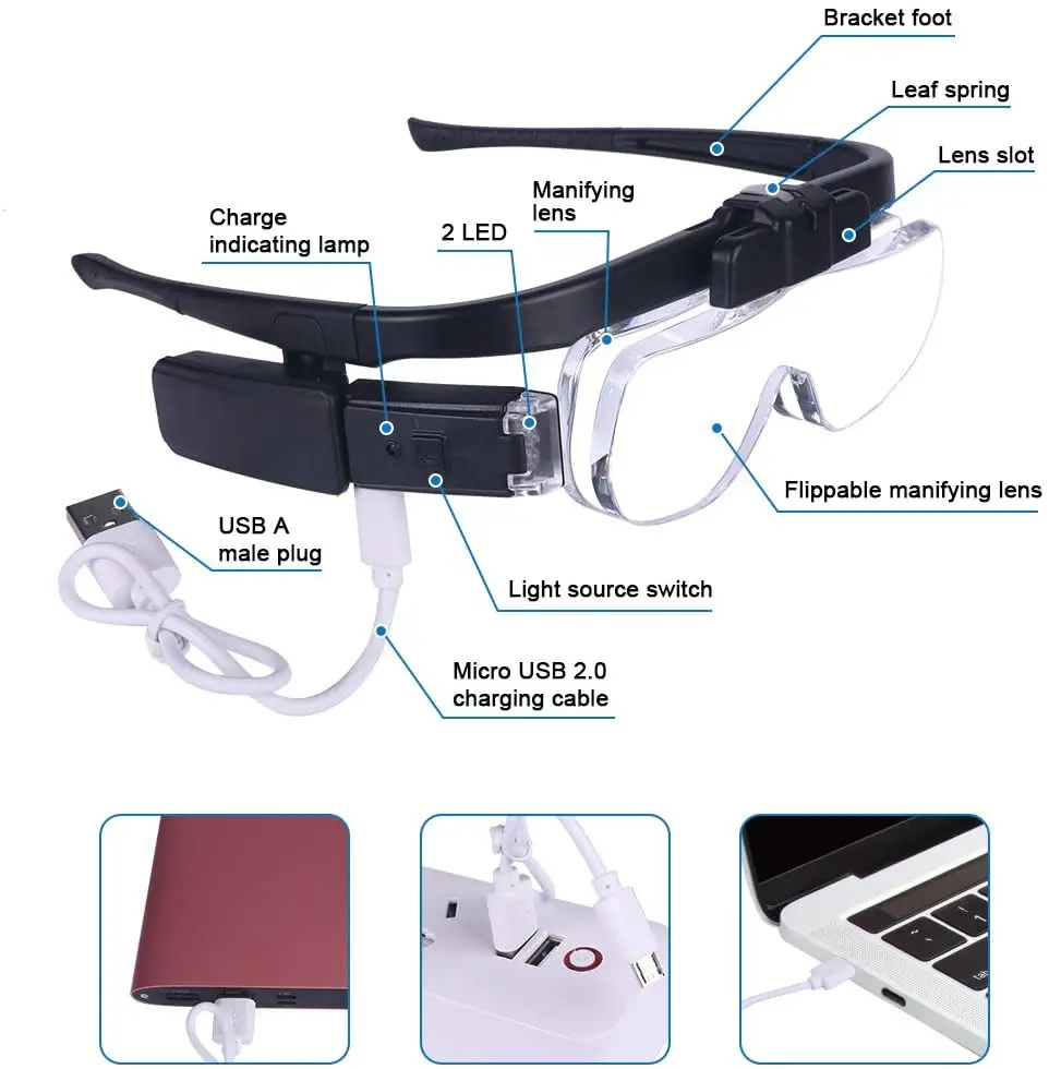 Magnifying Glasses Magnifier 1.5X/2X/ 2.5X/3.5X/4X/4.5X USB Rechargeable With LED Light For Reading Jewelers Watchmaker Repair