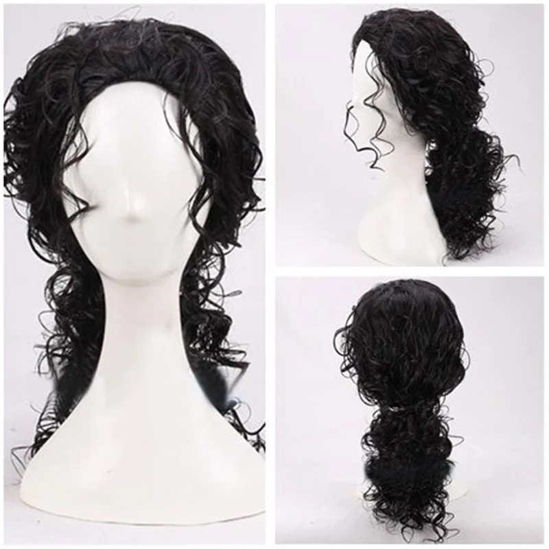 Michael Jackson Cosplay Black Wig Michael Role Play Medium Long Curly Black Hair Pigtail Wig Halloween Cos Wigs + a wig cap