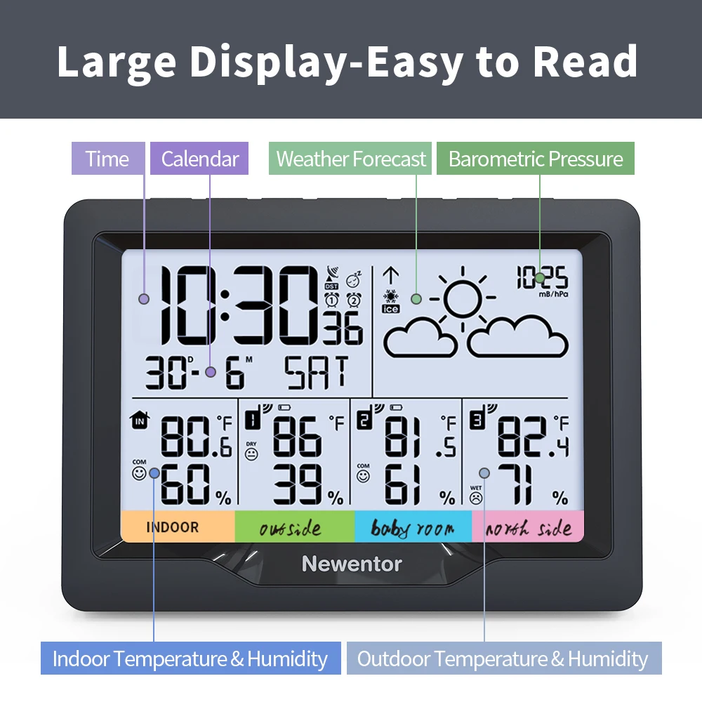 Newentor Q5 Weather Station Wireless Digital Indoor Outdoor Forecast With 3 Sensors Hygrometer Humidity Temperature