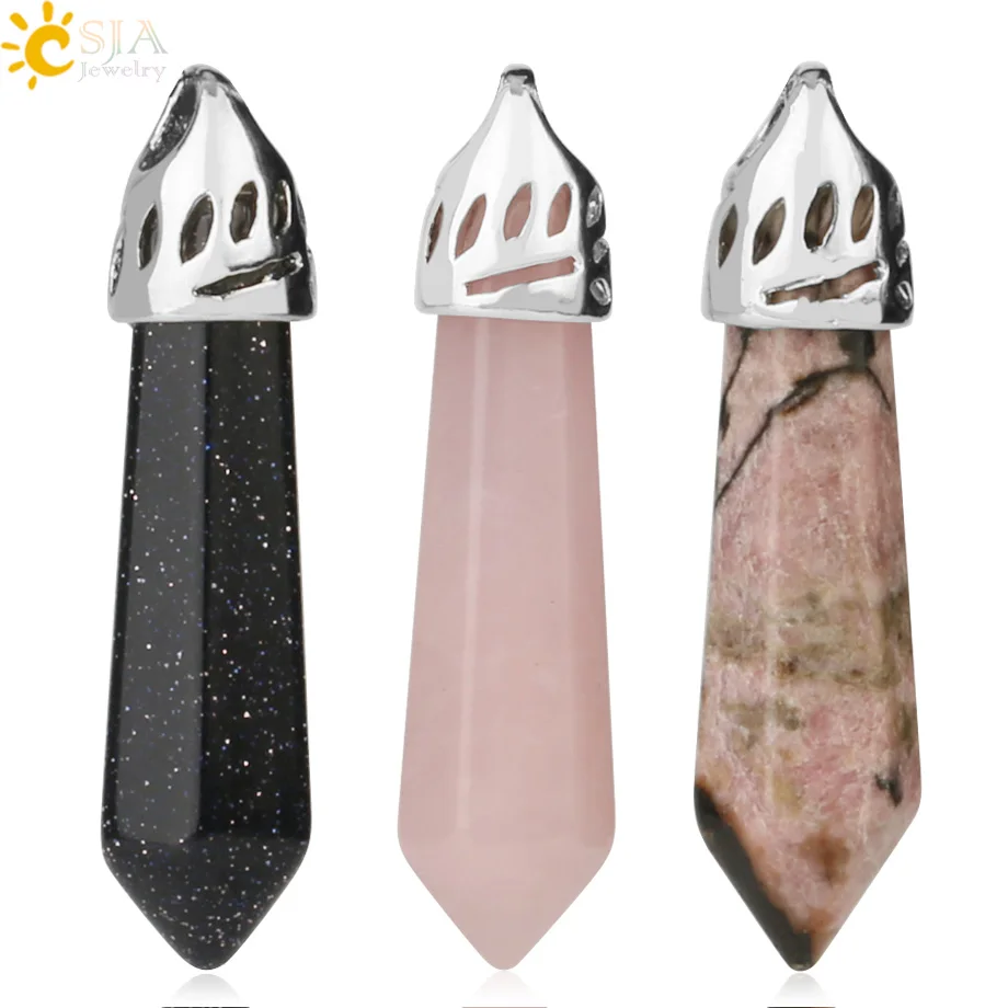 CSJA Natural Stone Hexagonal Prism Pendant Small Size Crystal Quartz Agates Healing Pointed Pendants for Necklace Women Men G289