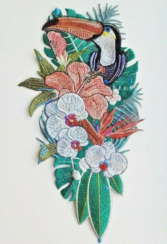 Parche bordado de pájaro y orquídeas tropicales de tucán, parches para planchar de calidad Extra para apliques de ropa, insignias de animales