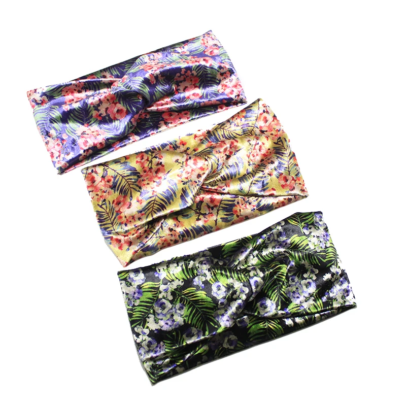 Lystrfac New Velvet Floral Cross Knot Headbands for Women Girls Wide Print Headwear Elastic Bandanas Female Hair Accessories