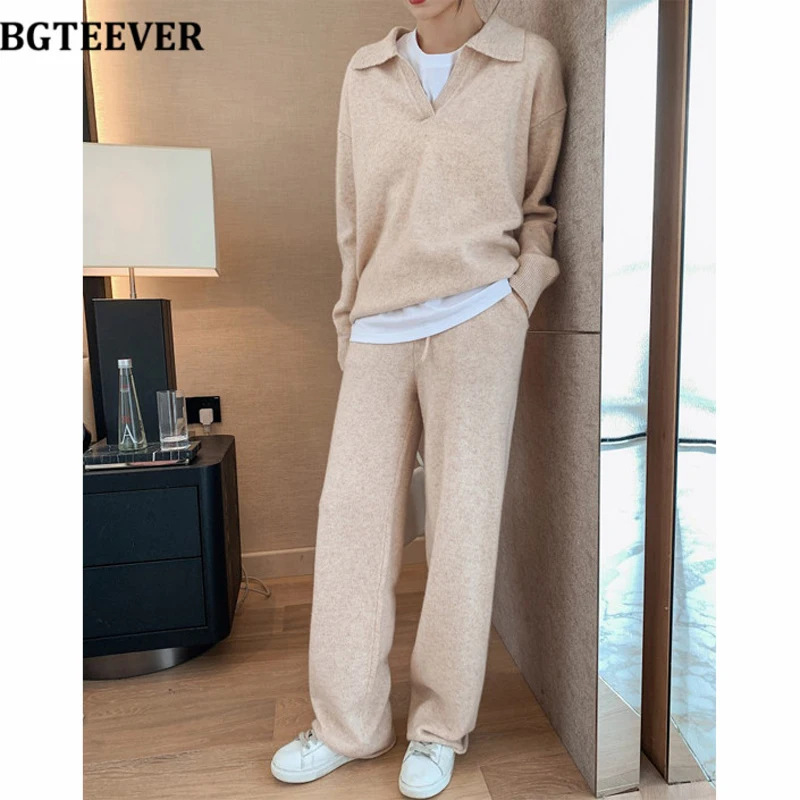 BGTEEVER Autumn Winter Ladies 2 Pieces Knitted Set V-neck Full Sleeve Pullovers & Straight Pants 2021 Loose Women Sweaters Set