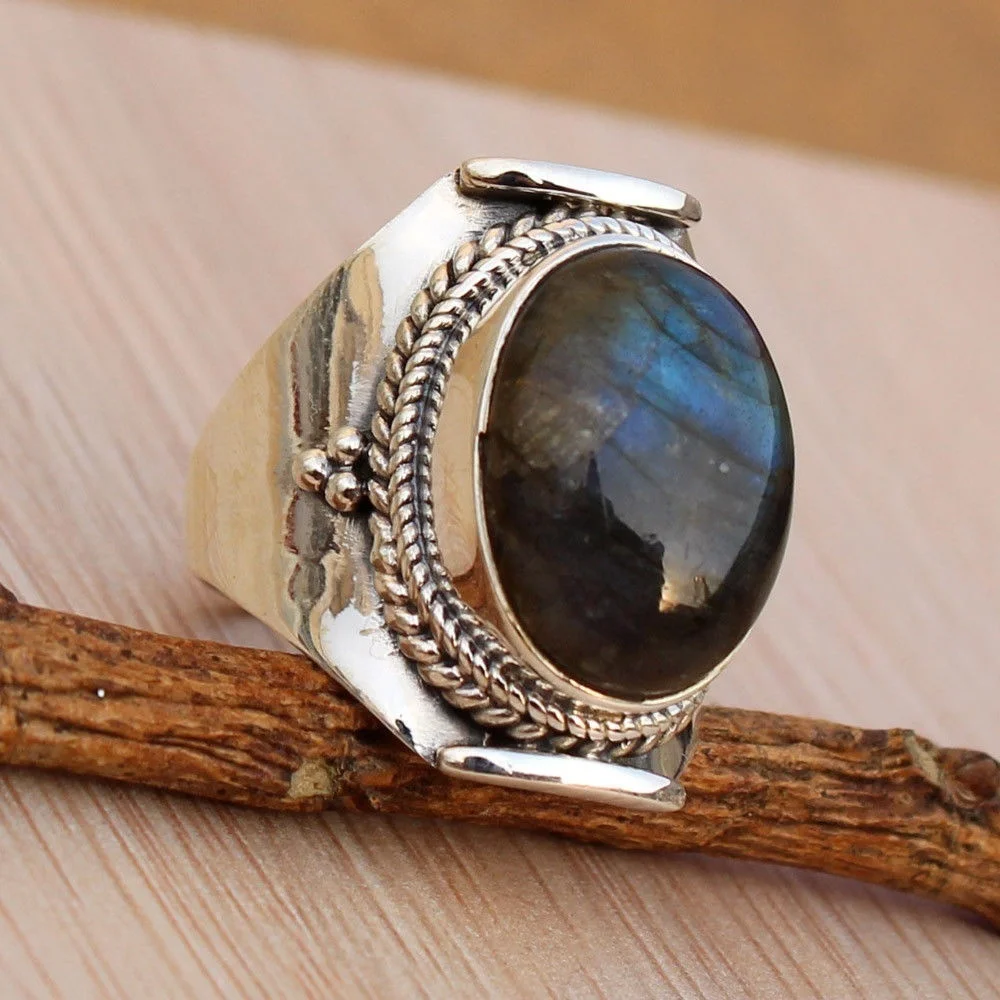 

Vintage Silver Color Natural Ring Antique Jewelry Labradorite Rings for Women Wedding Engagement Size 6 - 10