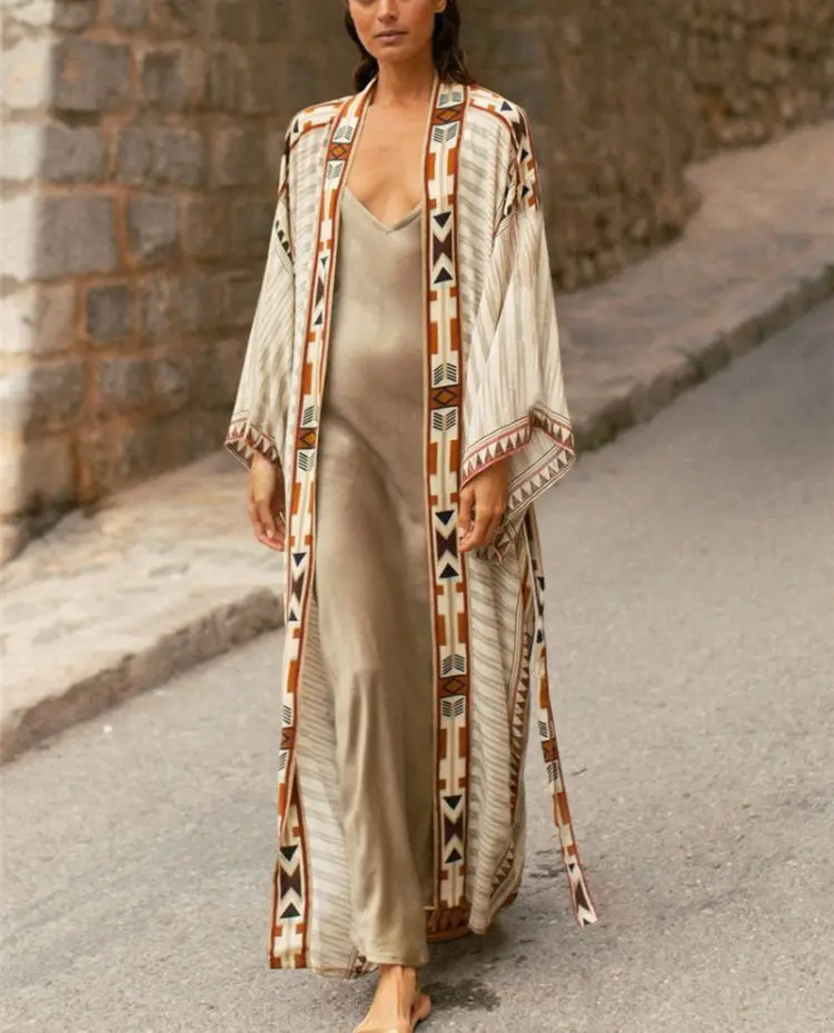 Teelynn boho strand cover up katoen beige etnische print kimono cardigan dress vestidos vrouwen lange mouw tuniek blouses cover-ups