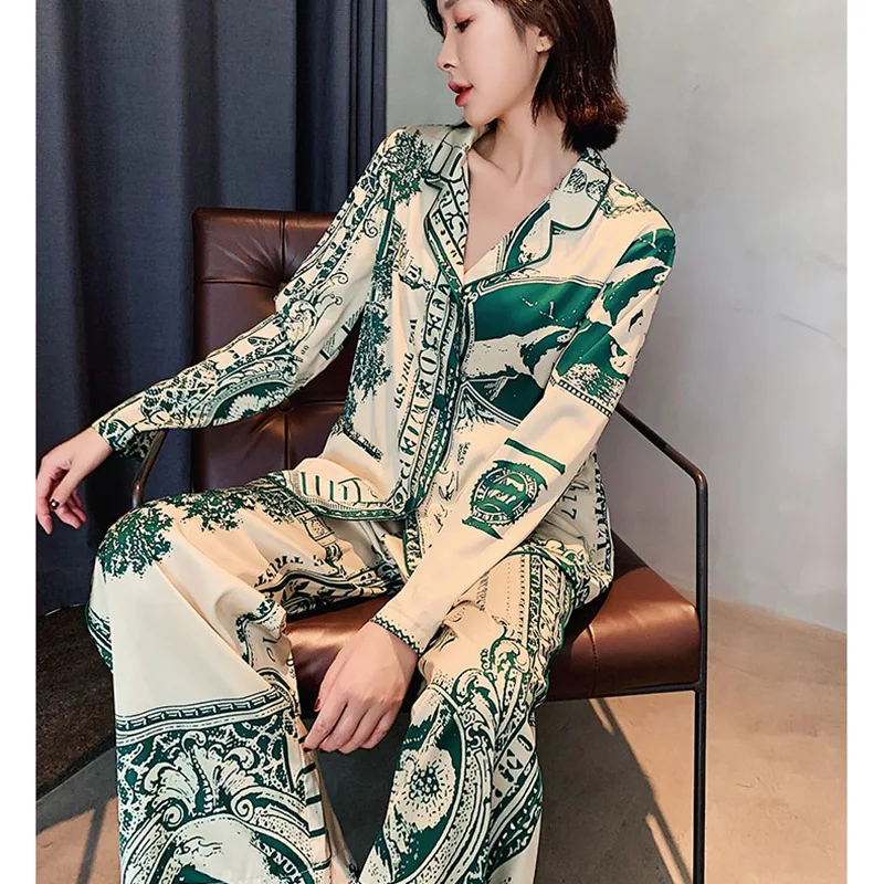 

Women Pajamas Set Satin 2 Pieces Sleepwear Loose Shirt&Pants Casual Print Lounge Wear Pyjamas Home Clothes Autumn New Pyjamas