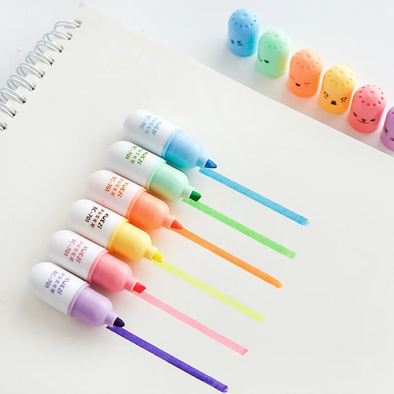 6PCS Cute Mini Smiling Face Pill Highlighter Lovely Cartoon Painting Pen Marking Pens Students Learn Stationery Supplies