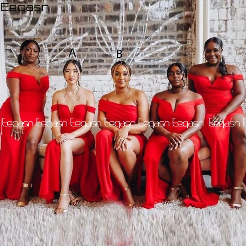 

Elegant Red Long Bridesmaid Dresses Off The Shoulder Corset Satin Plus Size Black Girls Wedding Guest Dress Evening Gown