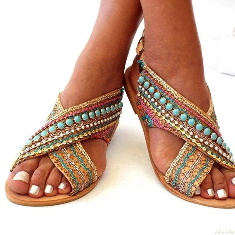 Summer Women Sandals Open Toe Beading Flat Sandals Female Sandalias Shoes Foreign Ethnic Style Bohemian Beach Shoes Plus Size