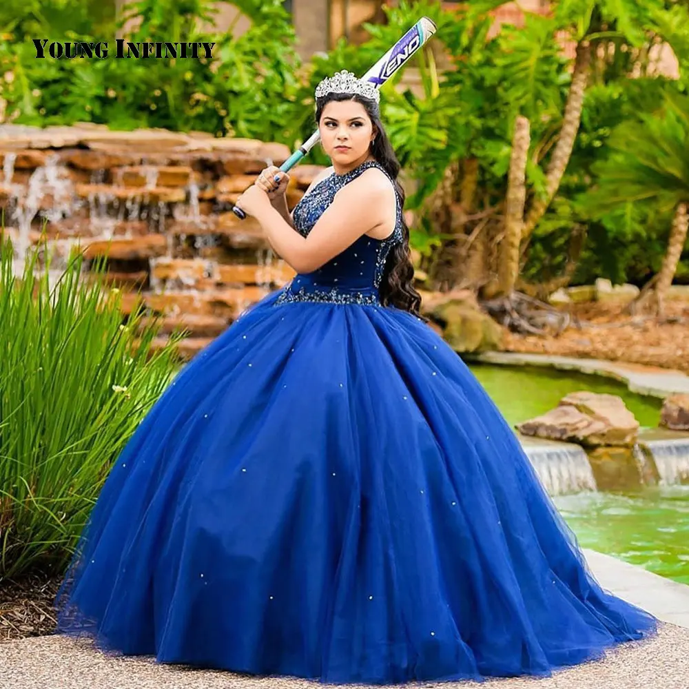 Dalam Mode Gaun Quinceanera Panjang Selantai Biru Gaun Pesta 2021 Gaun Pesta Tanpa Lengan Renda Tanpa Lengan Tanpa Lengan