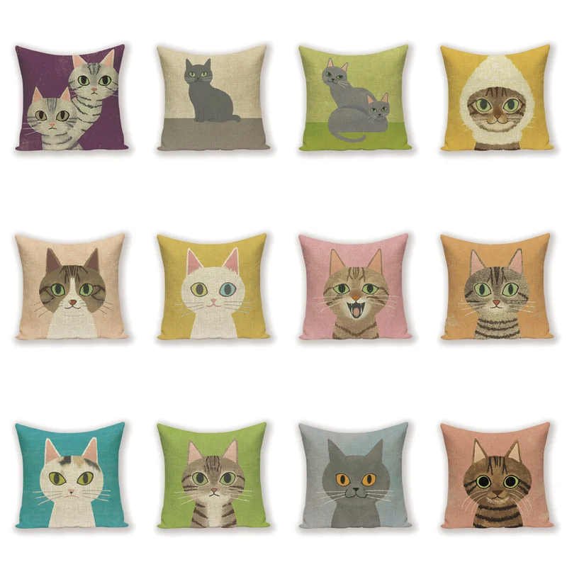 Cute Animal Cushion Cover Cat Print Pillow Case Linen Throw Pillow Cover Decoration For Home Bed Bedroom Funda Room Cojin Cases