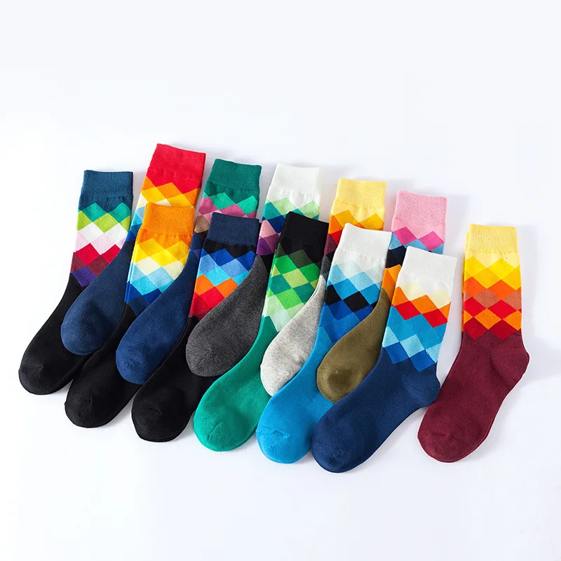 Autumn 1 Pair Of Men's Rhombus Cotton Color Combing Socks Casual Men's Socks Funny Knit Printed Cartoon Novelty Socks Gifts