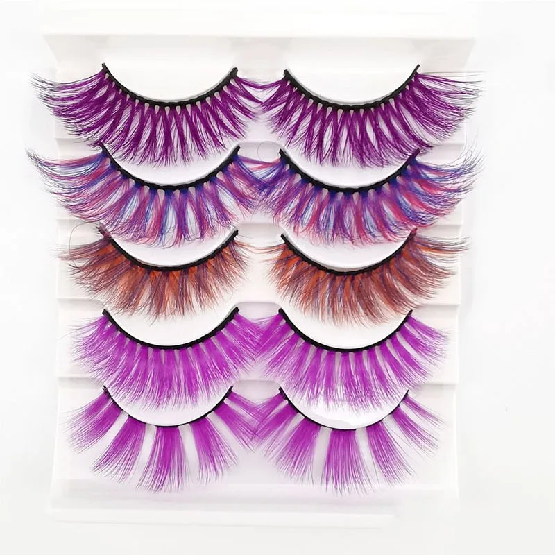 5 Pairs 3D Faux Mink False Eyelashes Green Purple Red Yellow Fluffy Volume Fake Eyelash Makeup Cosplay Dramatic Rainbow Lashes