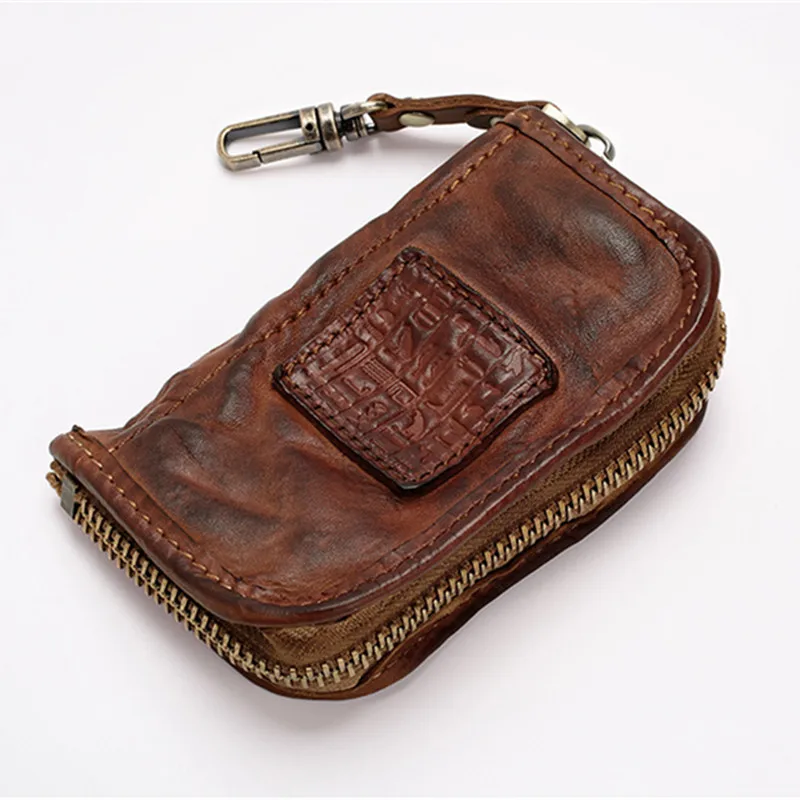 Vintage Handmade Genuine Leather Key Wallet Men Short Zipper Car Key Card Holder Coin Purse Bag Organizer Housekeeper For Women